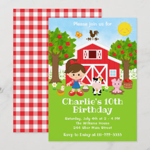 Invitation Fille aux cheveux bruns anniversaire grange rouge