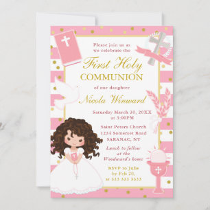 Invitation Fille aux cheveux bruns et rayures roses Première 