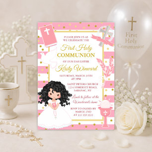 Invitation Fille aux cheveux noirs avec rayure rose pour la p