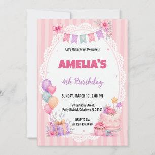 Invitation Fille aux fleurs à l'aquarelle rose pour gâteau d'