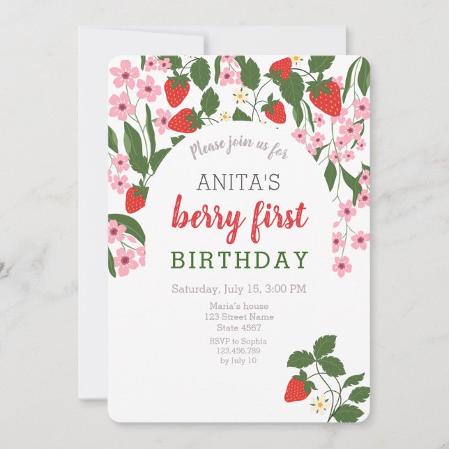 Invitation Fille aux fraises 1er anniversaire  (Devant)