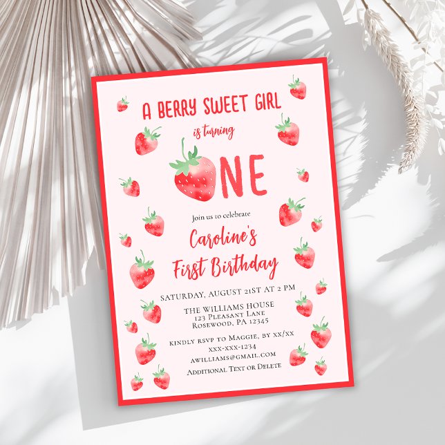 Invitation Fille aux fraises mignonne Premier anniversaire (Créateur téléchargé)
