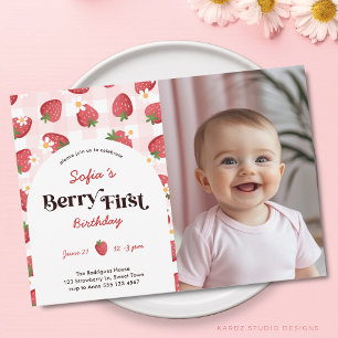 Invitation Fille aux fraises roses Photo Berry 1er anniversai