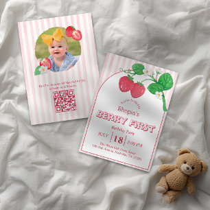 Invitation Fille aux rayures roses fraise Premier anniversair