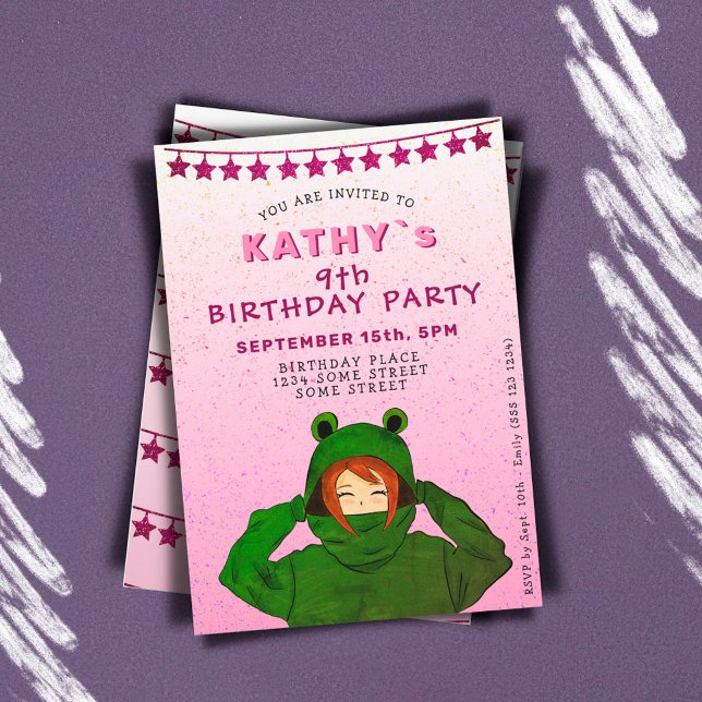 Invitation Fille avec grenouille verte Hoody Dessin rose Anni (Créateur téléchargé)