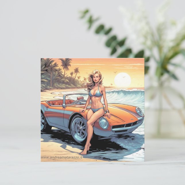 Invitation Fille avec voiture de sport (Debout devant)