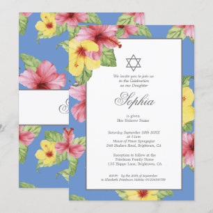 Invitation Fille Baby Naming Blue Hébreu Floral Blue