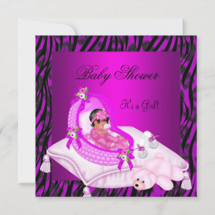 Invitation Fille Baby shower afro-américaine Hot Pink Zebra