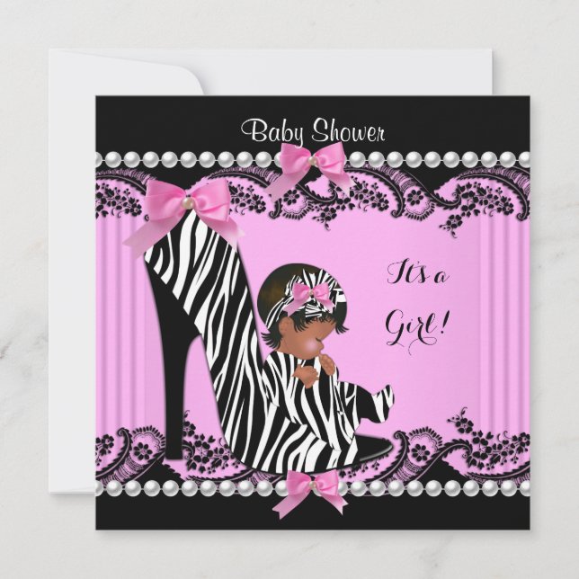 Invitation Fille Baby shower afro-américaine Hot rose Zebra 3 (Devant)