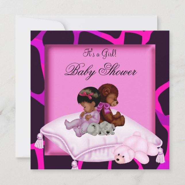 Invitation Fille Baby shower afro-américaine Ours rose chaud (Devant)