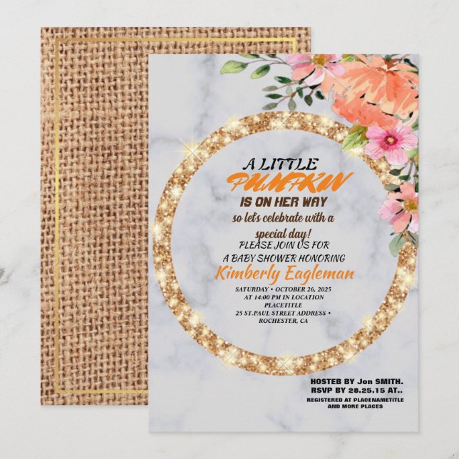 Invitation Fille Baby shower Automne Citrouille Rustique Burl (Devant / Derrière)