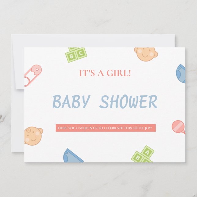 Invitation Fille Baby shower avec sonneries, blocs, vêtements (Devant)