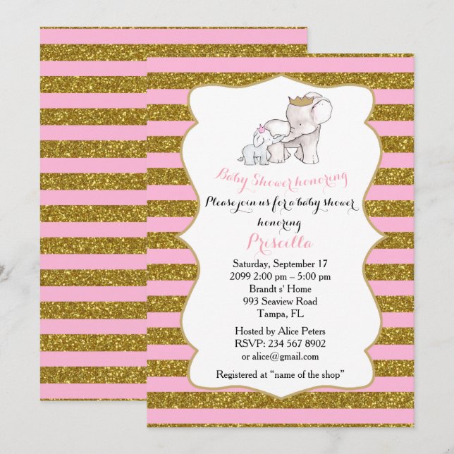 Invitation FILLE Baby shower, bande, rose, parties scintillan (Devant / Derrière)