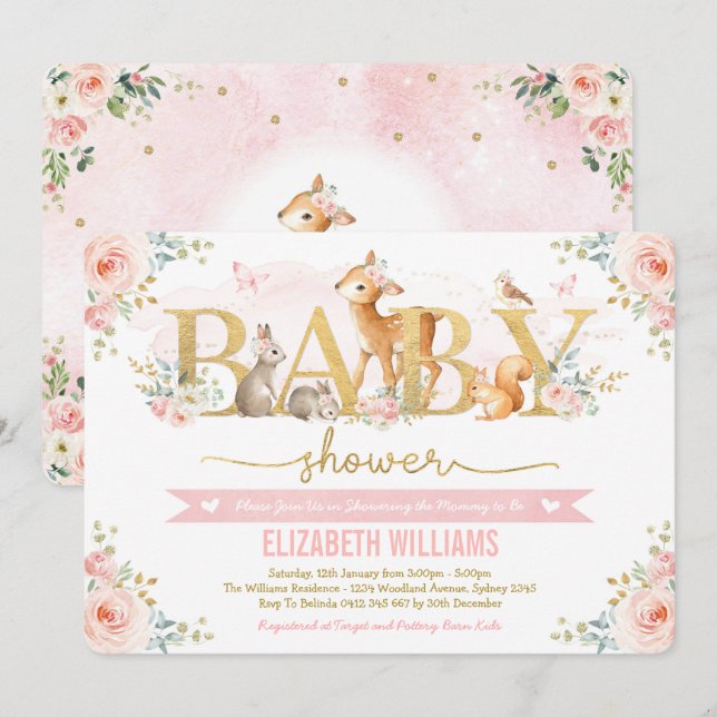 Invitation Fille Baby shower bois rose pâle Forêt florale ros (Devant / Derrière)