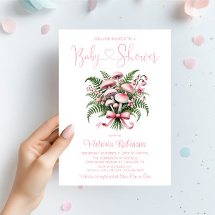 Invitation Fille Baby Shower Bouquet de Champignons Roses