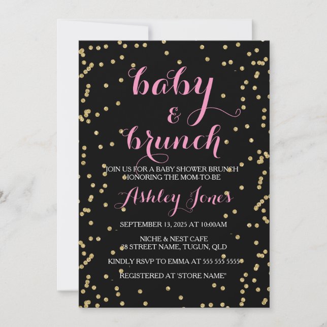 Invitation Fille Baby shower & Brunch Parties scintillant or  (Devant)