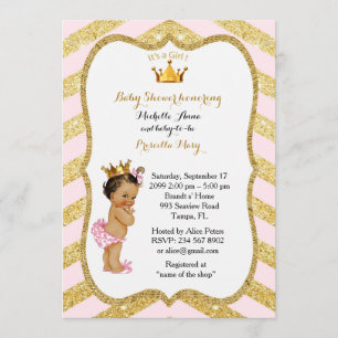 Invitation FILLE Baby shower, chevron doré, blanc & or v2