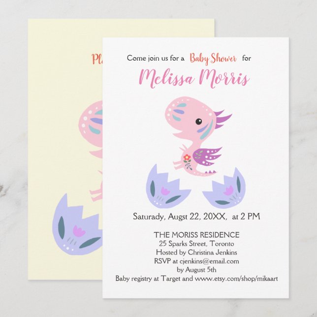 Invitation Fille Baby shower Cute Petit Dragon Bébé Hatching (Devant / Derrière)