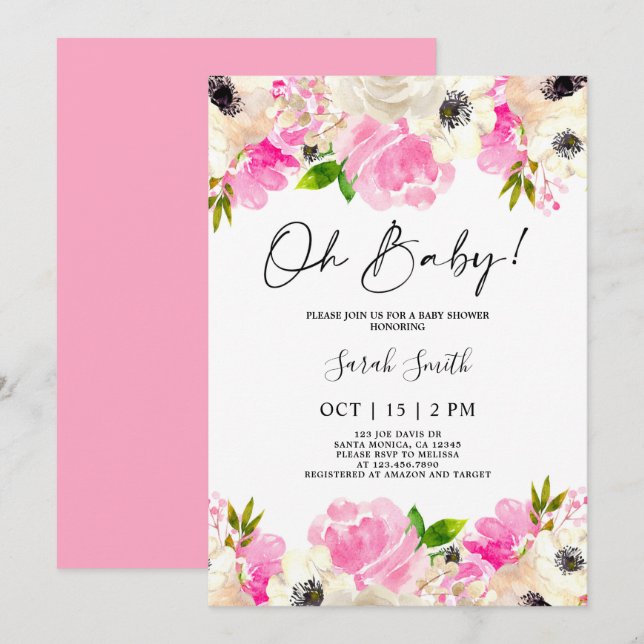 Invitation Fille Baby shower d'anémone à fleurs roses chaudes (Devant / Derrière)