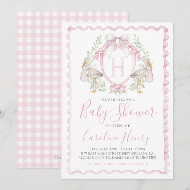 Invitation Fille Baby shower de cigogne Preppy En vichy rose (Devant / Derrière)