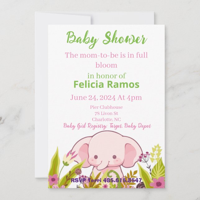 Invitation Fille baby shower Eléphant Fleurs roses (Devant)