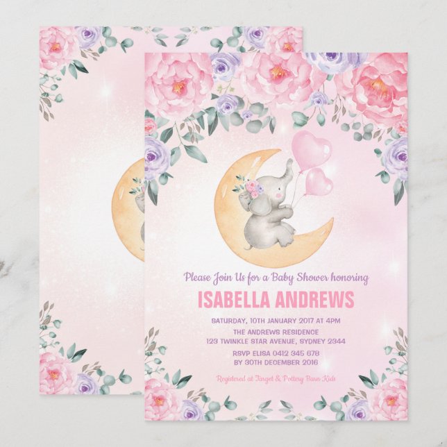 Invitation Fille Baby shower éléphant / Rose violet floral (Devant / Derrière)