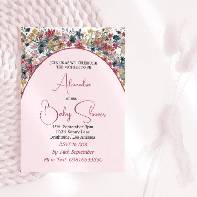 Invitation Fille Baby shower Fleur sauvage rose (Créateur téléchargé)