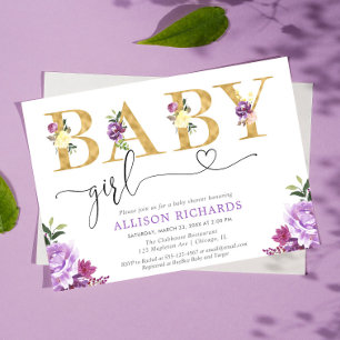 Invitation Fille baby shower fleurie violet et or