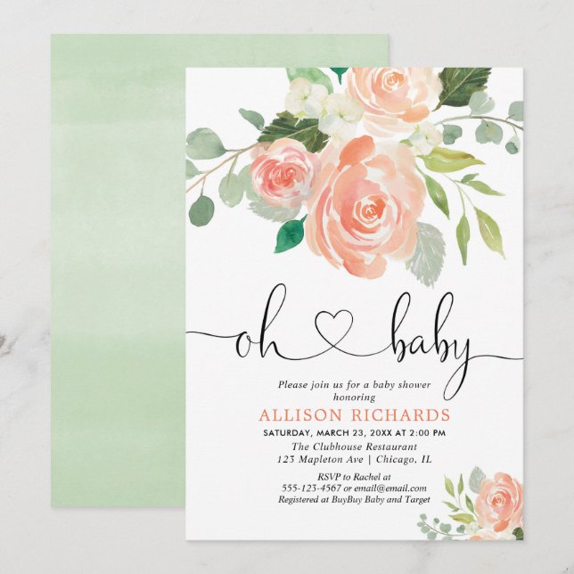 Invitation Fille baby shower floral aquarelles pêche verdure (Devant / Derrière)