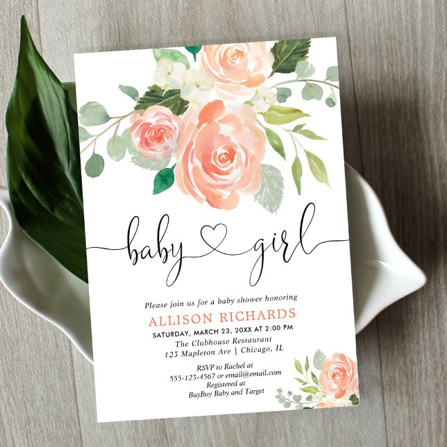 Invitation Fille baby shower floral aquarelles pêche verdure (Créateur téléchargé)
