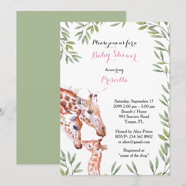 Invitation FILLE Baby shower, girafe, blanche, amande, feuill (Devant / Derrière)