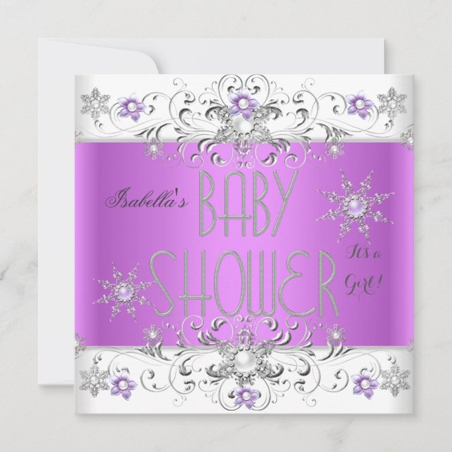Invitation Fille Baby shower Hiver Merveilles Purple Blanc (Devant)
