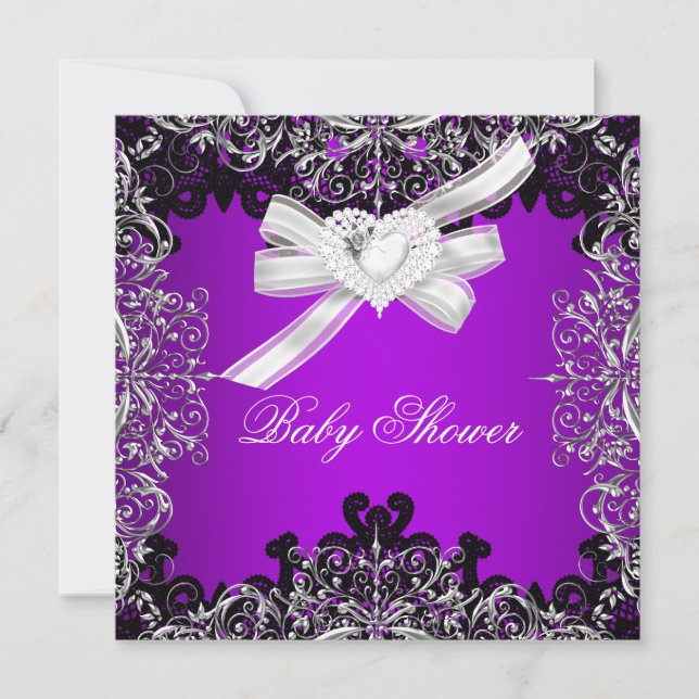 Invitation Fille Baby shower Joli violet blanc noir (Devant)