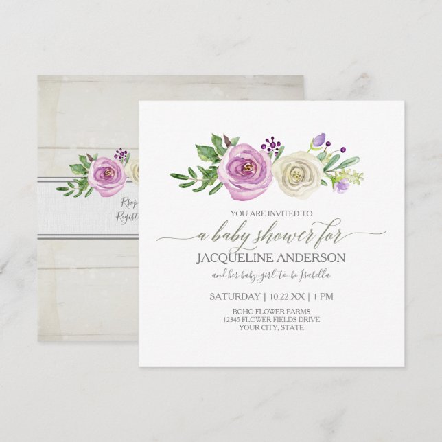 Invitation Fille Baby shower Lilac n Roses blanches Bois rust (Devant / Derrière)