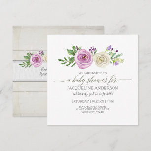 Invitation Fille Baby shower Lilac n Roses blanches Bois rust