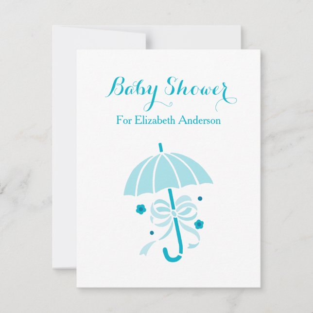 Invitation Fille Baby shower Mignonne Parapluie Turquoise Ave (Devant)