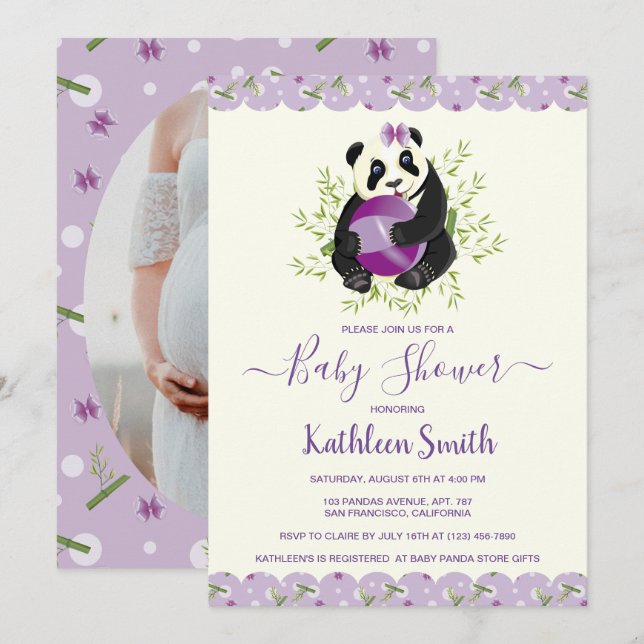 Invitation Fille Baby shower Ours Panda Pale Lilac Photo (Devant / Derrière)