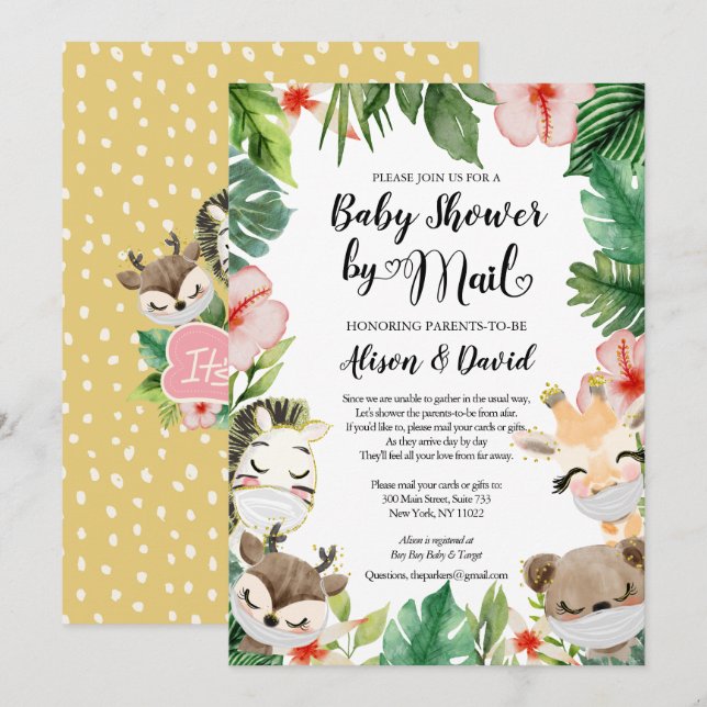 Invitation Fille Baby shower par courrier | Amis Masqués Safa (Devant / Derrière)