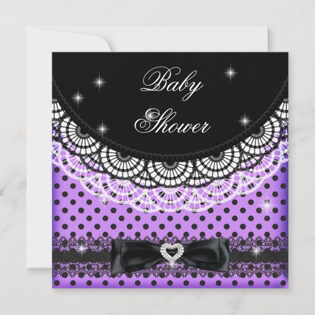 Invitation Fille Baby shower Polka Dot Party Purple Black (Devant)
