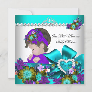 Invitation Fille Baby Shower Princesse Violet Bleu Turquoise 