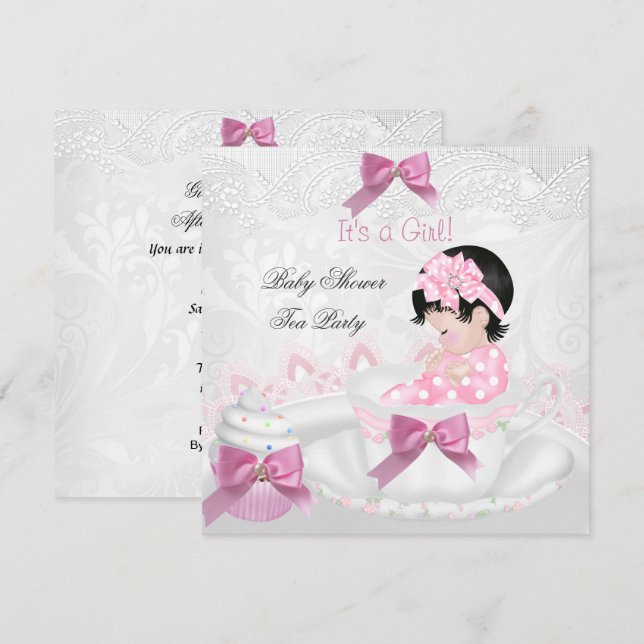 Invitation Fille Baby shower rose Baby Teacup Tea Party (Devant / Derrière)