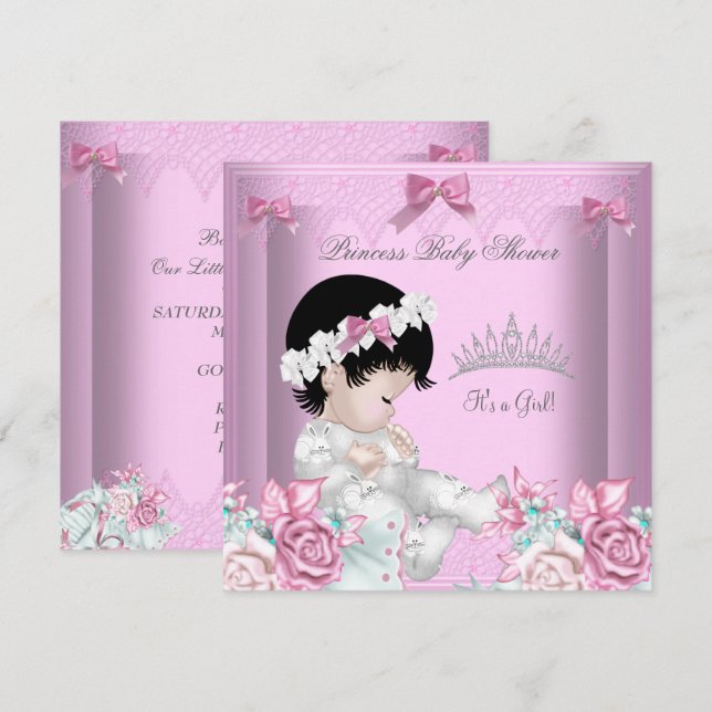Invitation Fille Baby shower rose et gris floral (Devant / Derrière)
