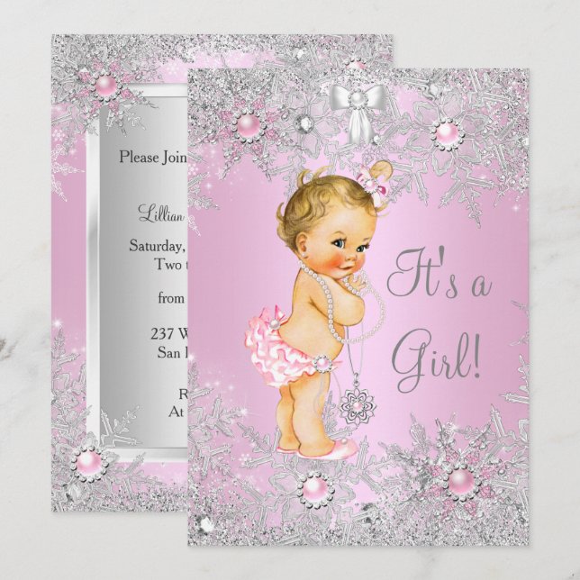 Invitation Fille Baby shower rose hiver MerveilleTerre Blonde (Devant / Derrière)