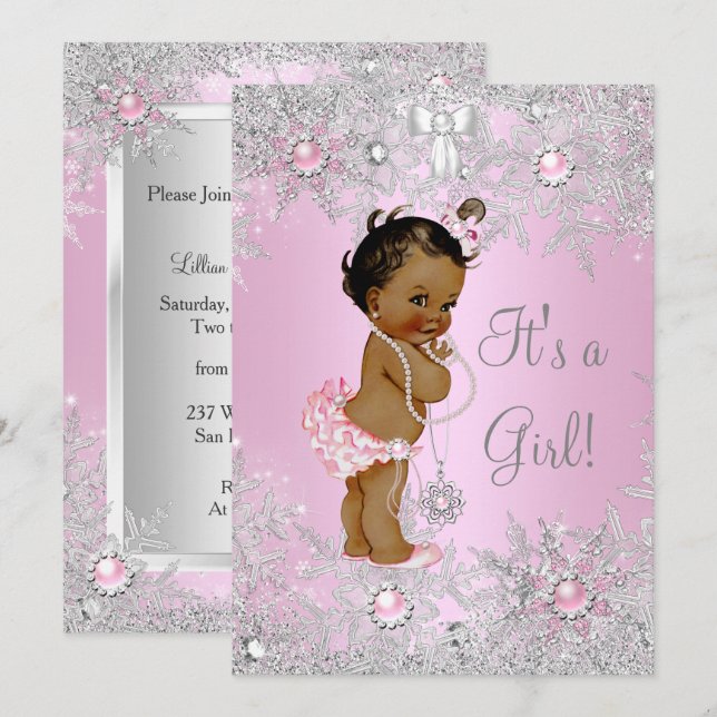 Invitation Fille Baby shower rose hiver WonderLand Ethnique (Devant / Derrière)