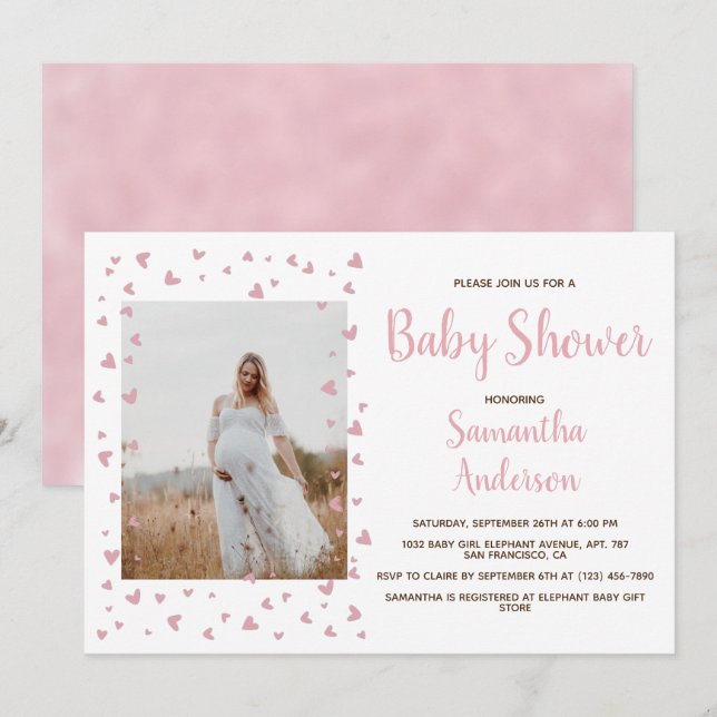 Invitation Fille Baby shower rose pâle photo élégante (Devant / Derrière)