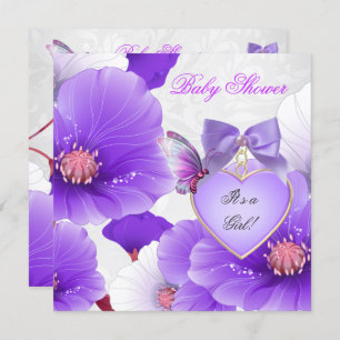 Invitation Fille Baby shower rose papillon pourpre Floral 2