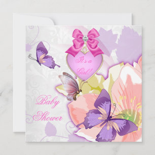 Invitation Fille Baby shower rose papillon violet Floral