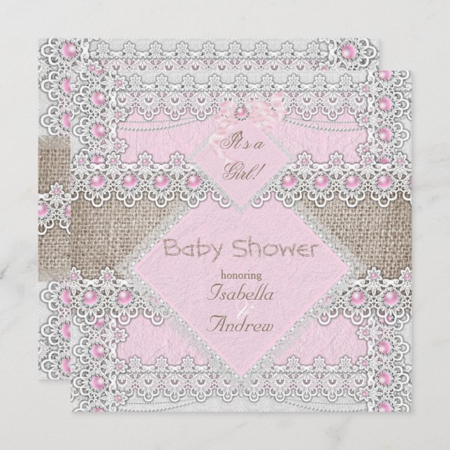 Invitation Fille Baby shower rose Perle Bow Lace Burlap 3 (Devant / Derrière)