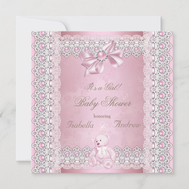 Invitation Fille Baby shower rose Perle Bow Lace Damask (Devant)