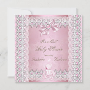 Invitation Fille Baby shower rose Perle Bow Lace Damask
